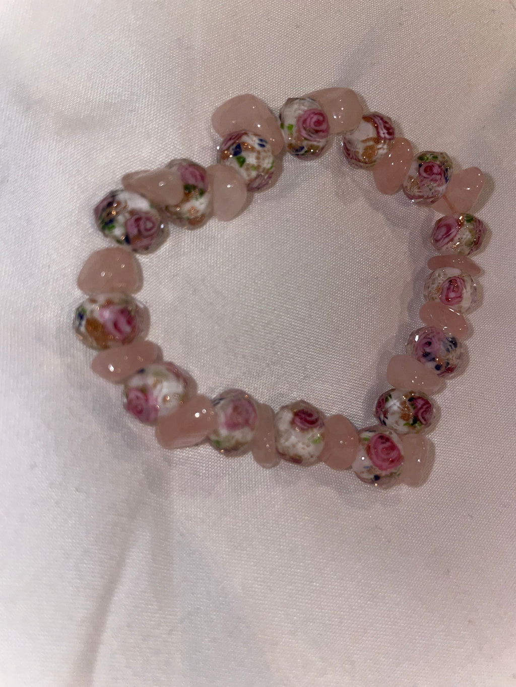 Handmade Pink Floral Bead and Rose quartz Bracelet