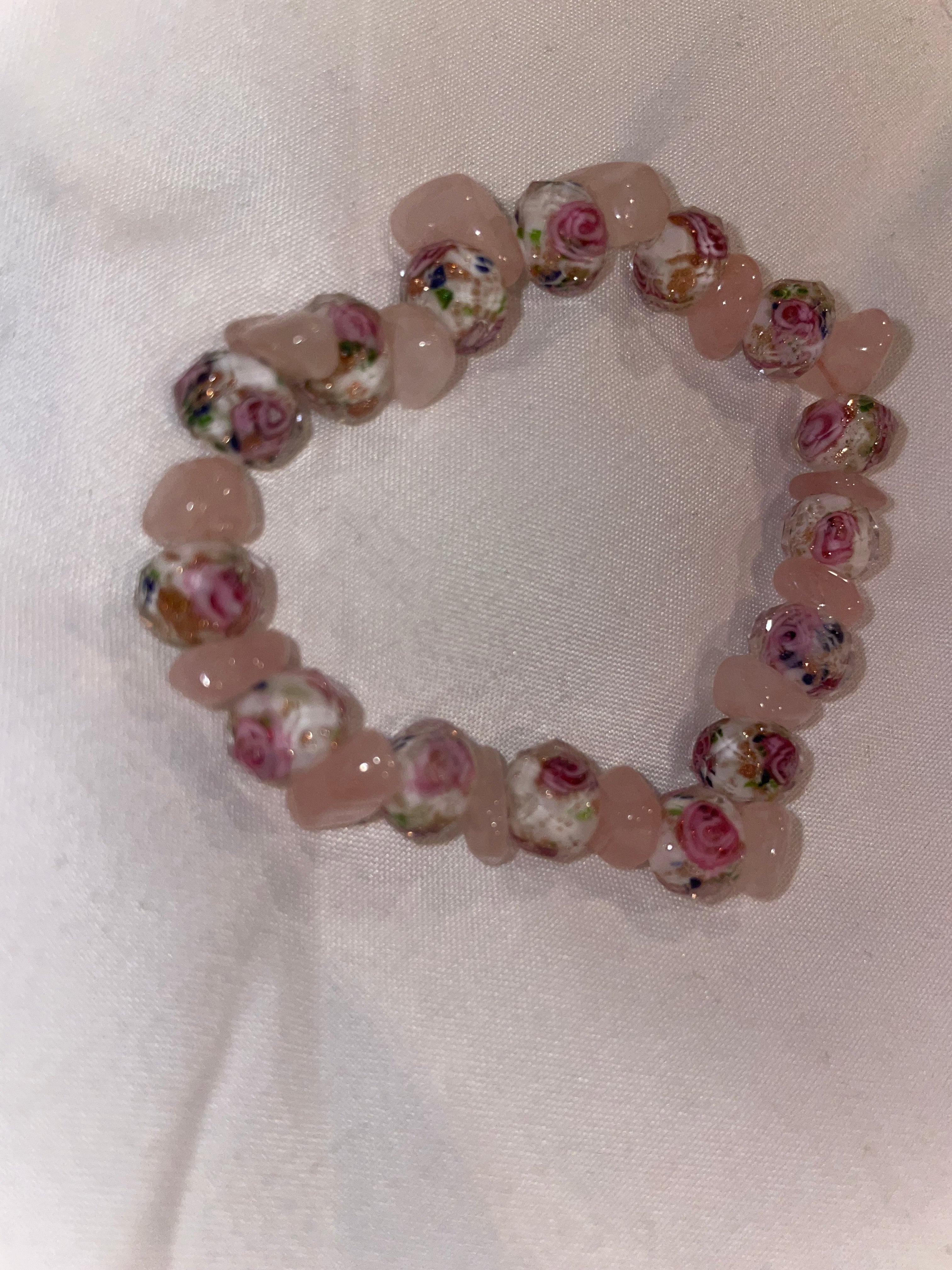 Handmade Pink Floral Bead and Rose quartz Bracelet