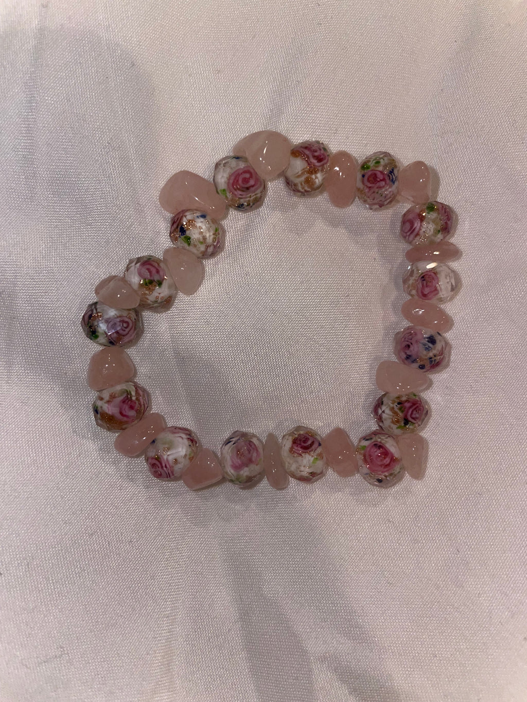 Handmade Pink Floral Bead and Rose quartz Bracelet