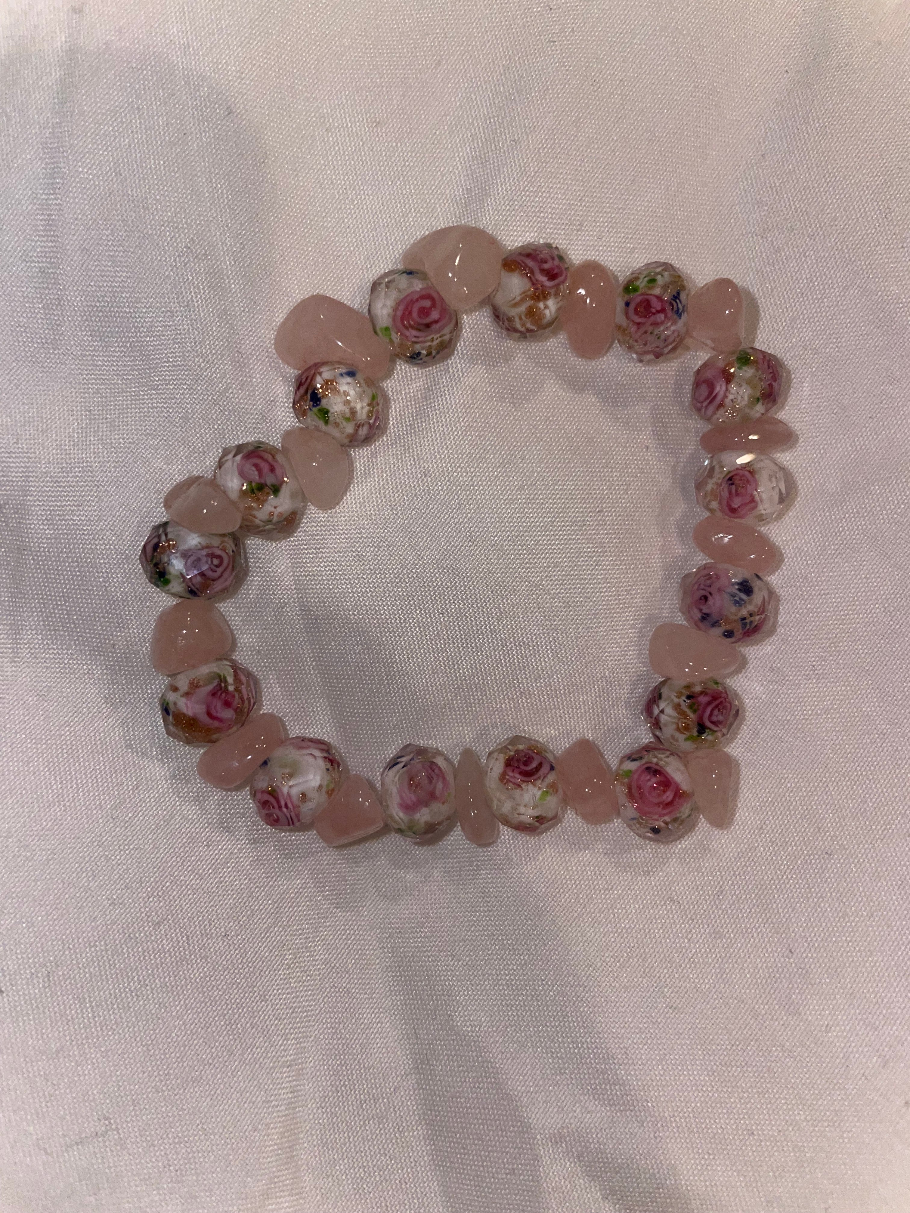 Handmade Pink Floral Bead and Rose quartz Bracelet