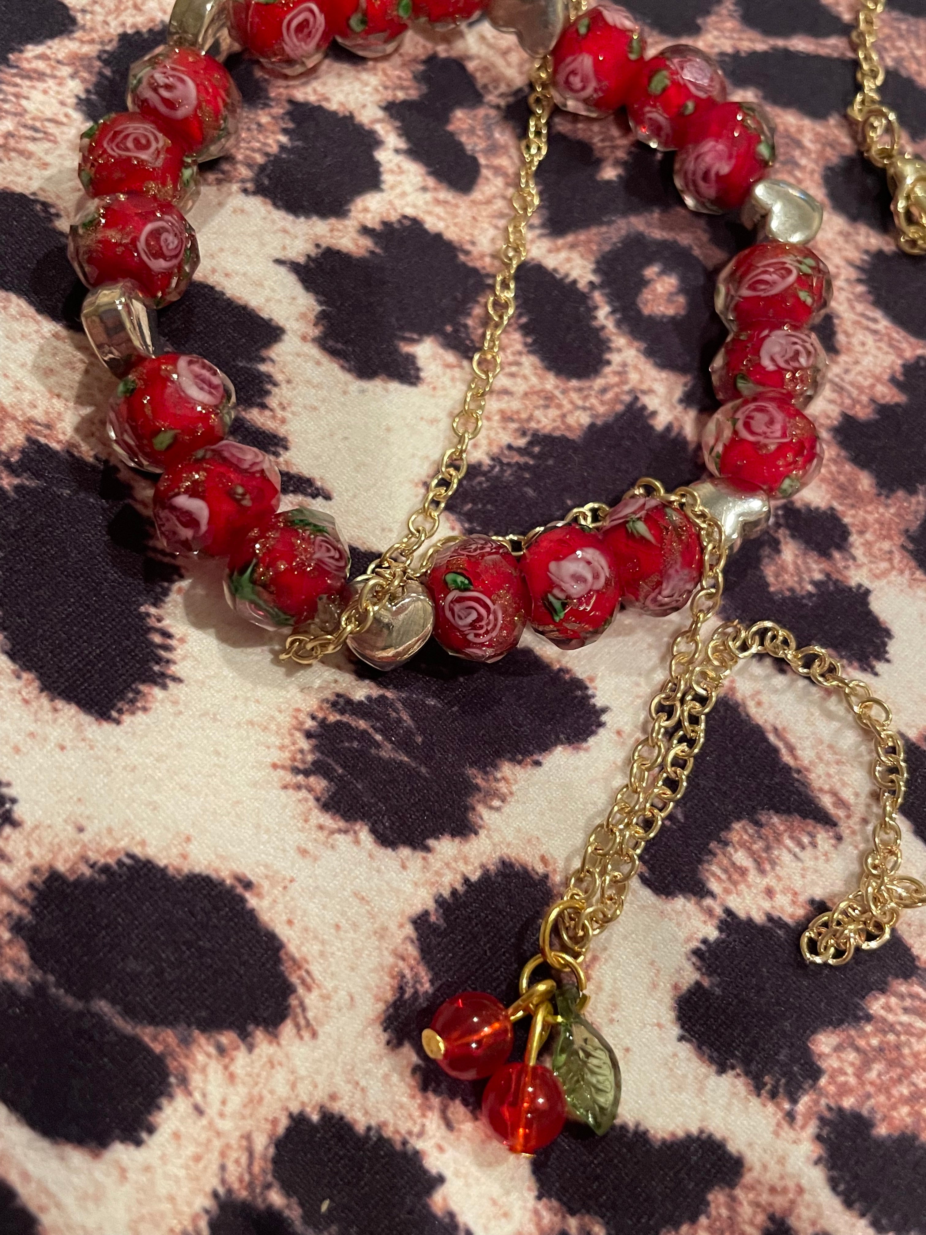 Handmade Red Beaded Bracelets & Cherry Necklace